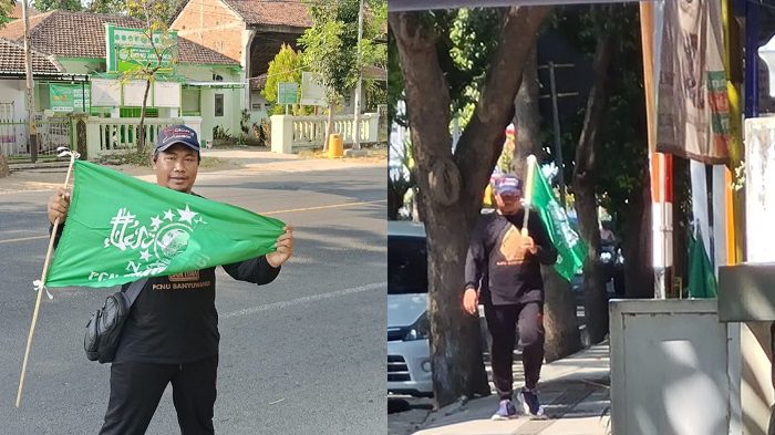 Pengurus PCNU Banyuwangi, Dedy Jumhardyanto ketika jalan kaki hingga finish di kantor PCNU Banyuwangi. (blok-a.com/Aras)