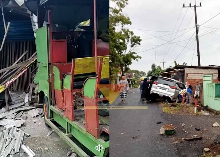 Kiri: laka tunggal odong-odong tabrak warung nasi, Kanan: mobil Nissan Grand Livina masuk sungai. Kedunya terjadi di Kecamatan Tegalsari, Banyuwangi pada Minggu (12/11/2023) (Foto Polsek Tegalsari untuk blok-a.com).