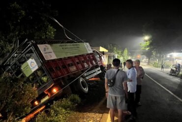 Caption : gegara mengantuk, sebuah truk bermuatan LPG kosong mengalami laka tunggal di Jalan Raya Jajag - Cluring masuk kedalam parit dan menabrak tiang telepon, Rabu (4/4/2024) malam. (blok-a.com/Kuryanto). Kecelakaan tunggal Banyuwangi