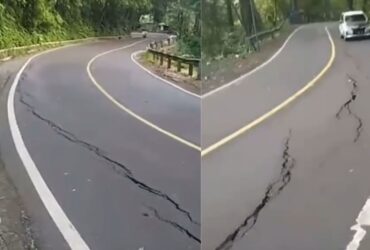 Jalur Gunung Gumitir yang mengalami keretakan. (blok-a.com/Kuryanto)