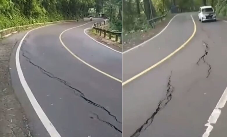 Jalur Gunung Gumitir yang mengalami keretakan. (blok-a.com/Kuryanto)