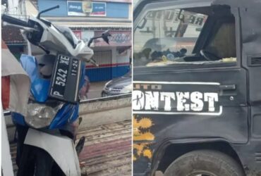 Laka tabrak depan antara mobil pikap dan motor di Rogojampi, Senin (29/4/2024).(blok-a.com/Kuryanto)