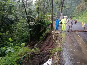Jajaran Polsek Kalibaru saat melakukan langkah mitigasi darurat pasca terjadinya tebing longsor di jalur nasional Gumitir KM 238, tepat di bawah ikon Patung Gandrung, Dusun Barurejo, Desa Kalibaru Manis, Rabu (8/4/2026) siang. (Foto: dok Polsek Kalibaru)