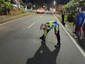 Polisi saat lakukan olah TKP lakalantas motor Happy kontra mobil Daihatsu Grandmax di Jalan Raya Nasional Banyuwangi-Jember, yang mengakibatkan satu korban meninggal dunia, Minggu (10/5/2026)(blok-a.com/Kuryanto)