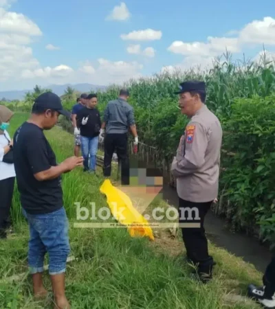Petugas Polsek Tegalsari saat mengevakuasi jenazah Siti Maesaroh, wanita lansia yang ditemukan tewas di dalam parit area persawahan, Rabu (12/08/2026) (foto: Blok-a.com/Kuryanto)