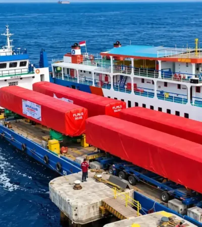 Empat unit terakhir kereta TS 9, yang diberangkatkan melalui Dermaga Bulusan, Banyuwangi, Rabu (16/09/2026) (Foto: dok PT INKA BWI)