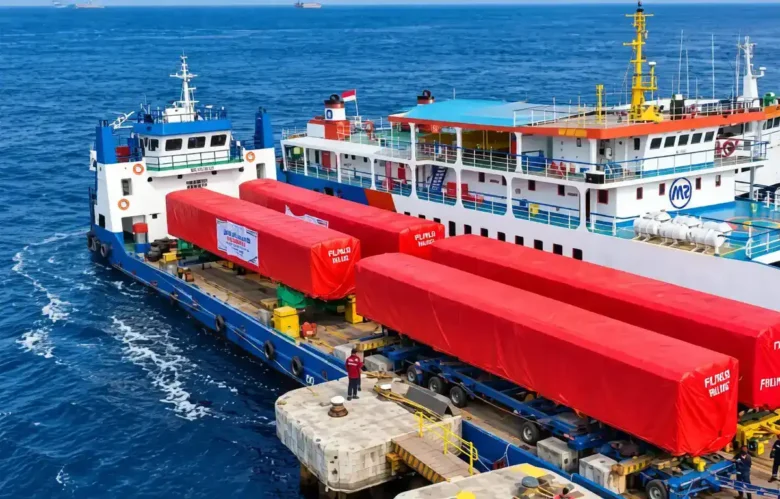 Empat unit terakhir kereta TS 9, yang diberangkatkan melalui Dermaga Bulusan, Banyuwangi, Rabu (16/09/2026) (Foto: dok PT INKA BWI)